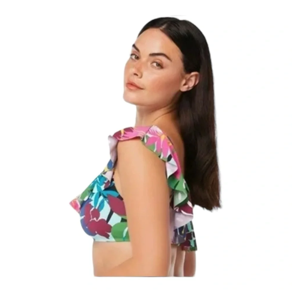 Bleu Rod Beattie On A Brighter Note Ruffle One Shoulder Swim Top NWT